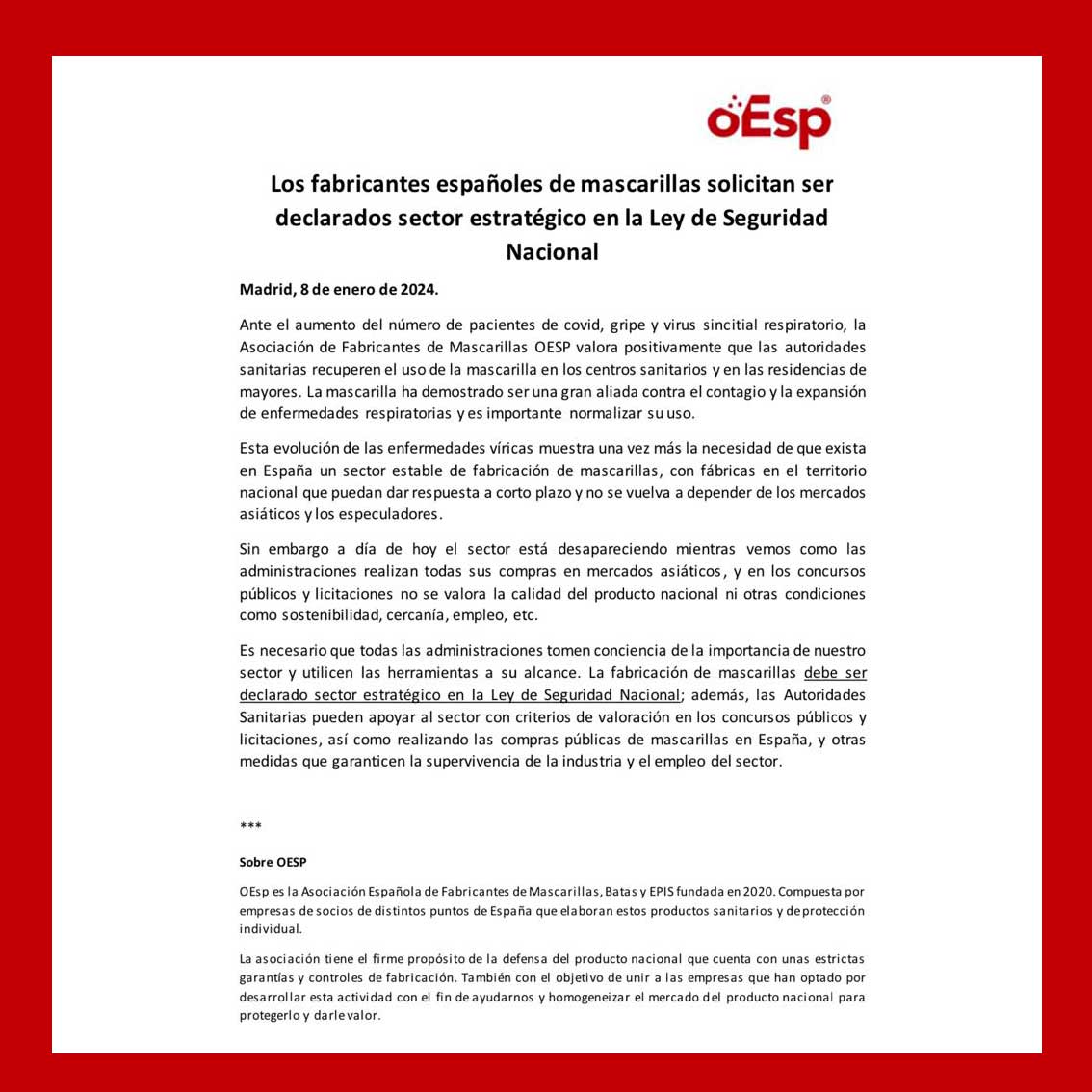 Los fabricantes españoles de mascarillas solicitan ser declarados sector estratégico en la Ley de Seguridad Nacional